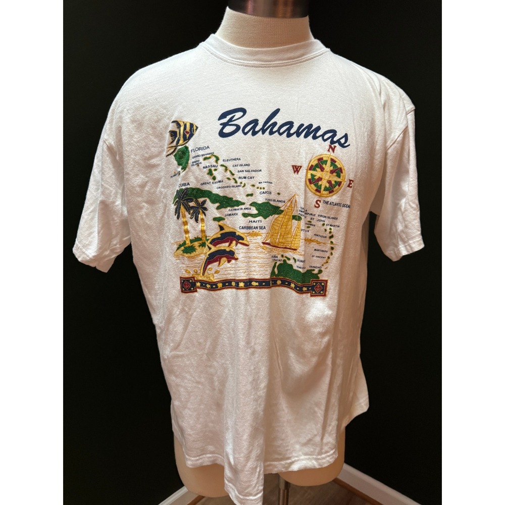 VTG‎ 100% Cotton Island Dreams White Bahamas Map Graphic T-Shirt Men's XL